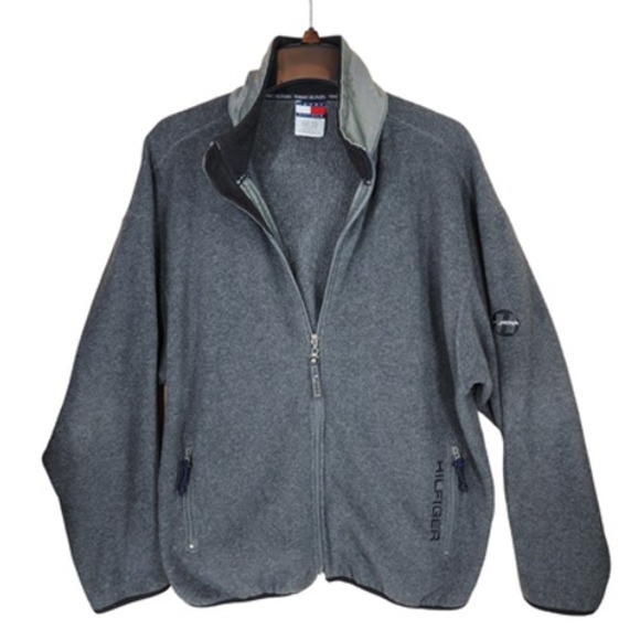 Vtg Tommy Hilfiger M Full Zip Fleece Jacket Mens Gray Black Y2K 90s 1999 Preppy - Picture 1 of 12
